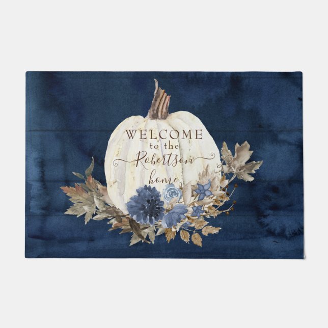 Fall Autumn Pumpkin Navy Welcome Mat Family Name (Front)