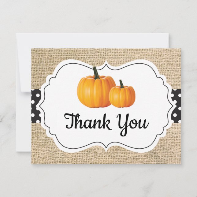 Fall Autumn Pumpkin Orange Black and White Burlap Thank You Card (Front)