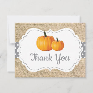 Fall Autumn Pumpkin Orange Gray and White Burlap Thank You Card
