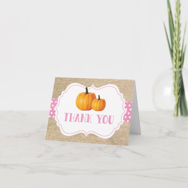 Fall Autumn Pumpkin Pink Burlap Thank You Card (Front)