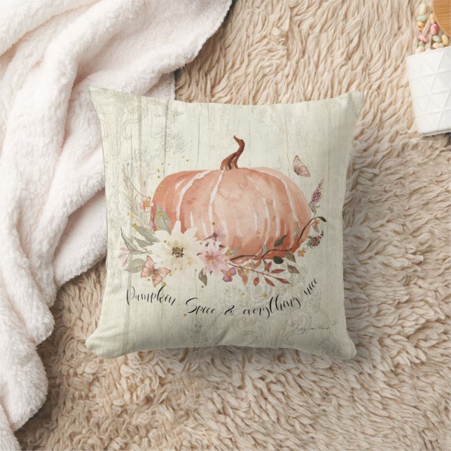 Fall Autumn Pumpkin Spice Everything Nice Floral T Throw Pillow (Blanket)