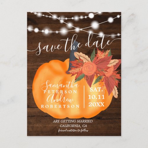Fall autumn pumpkin string lights save the date announcement postcard