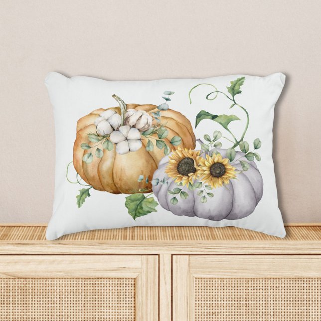 Fall Autumn Pumpkin Sunflower and Cotton Flowers Accent Pillow (In situ)