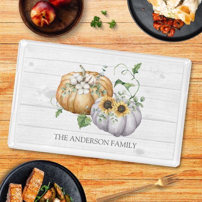 Fall Autumn Pumpkin Sunflower and Cotton Flowers Acrylic Tray (In situ)