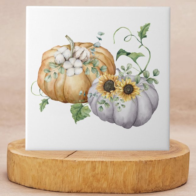 Fall Autumn Pumpkin Sunflower and Cotton Flowers Ceramic Tile (In situ)