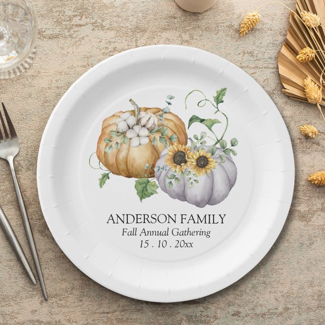 Fall Autumn Pumpkin Sunflower and Cotton Flowers Paper Plates (In situ)