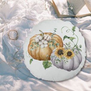 Fall Autumn Pumpkin Sunflower and Cotton Flowers Round Pillow