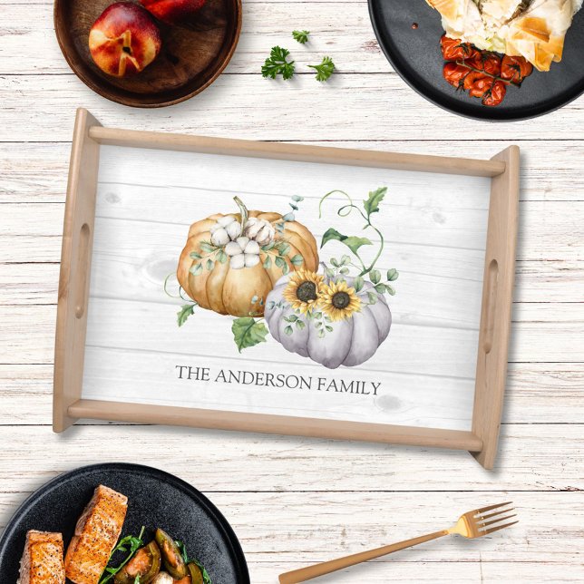 Fall Autumn Pumpkin Sunflower and Cotton Flowers Serving Tray (In situ)