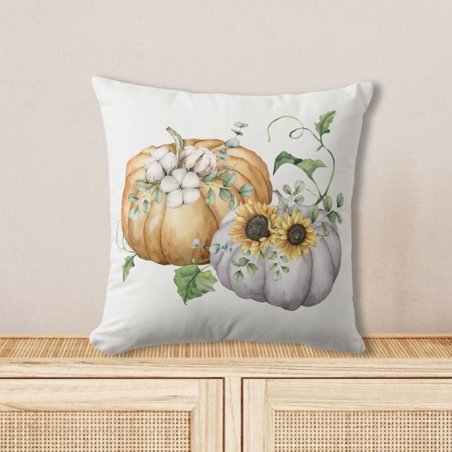 Fall Autumn Pumpkin Sunflower and Cotton Flowers Throw Pillow (In situ)