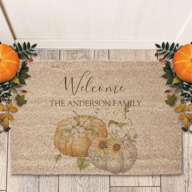 Fall Autumn Pumpkin Sunflower Cotton Flower Fiber Doormat (In situ)