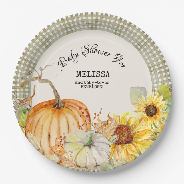 Fall Autumn Pumpkin Sunflower n Sage Green Gingham Paper Plates (Front)