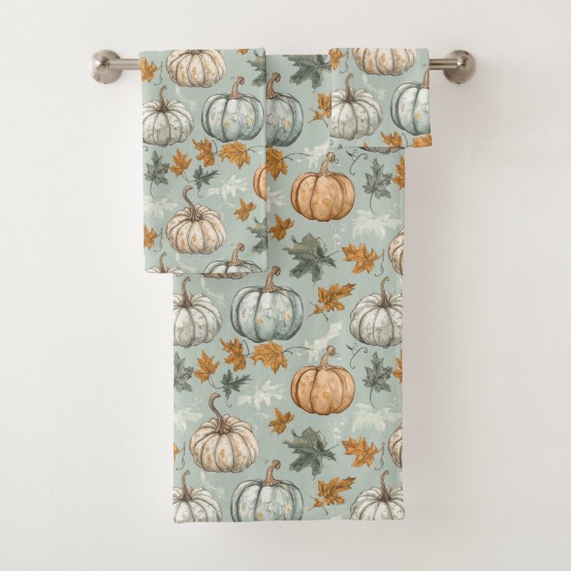 Fall Autumn Pumpkin Towel Set 3 Teal  (Insitu)