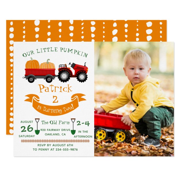 Fall Autumn Pumpkin Tractor Farm Photo Birthday Invitation