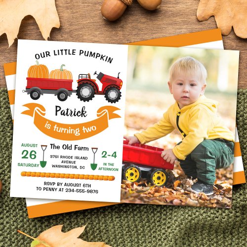 Fall Autumn Pumpkin Tractor Farm Photo Birthday Invitation