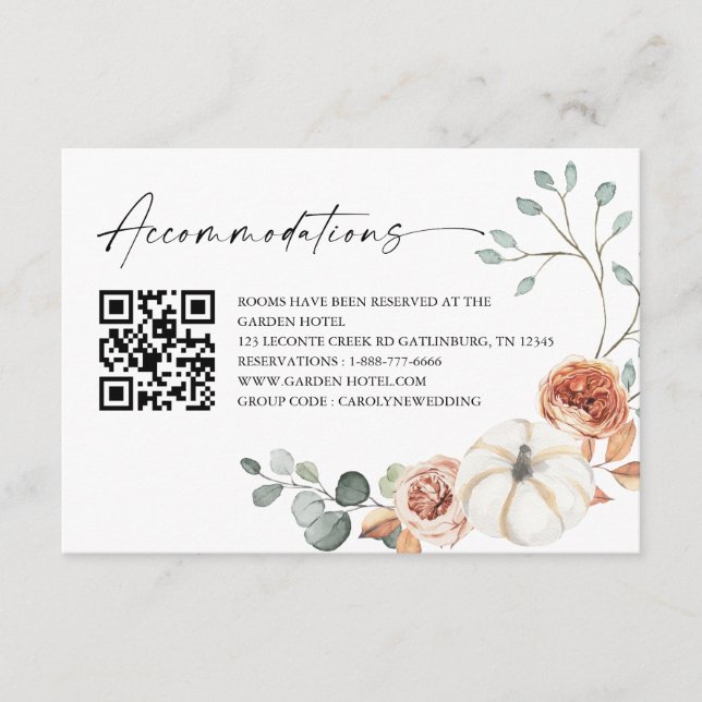 Fall Autumn Pumpkin Wedding Accommodations QR Code Enclosure Card (Front)