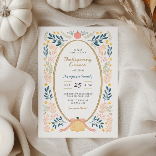 Fall Autumn Pumpkins and Bow Thanksgiving Dinner Invitation