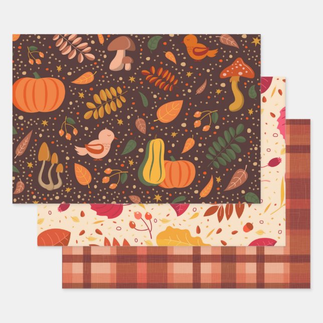 Fall Autumn Pumpkins and Leaves Wrapping Paper Set (Set)
