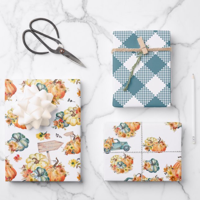 FALL AUTUMN PUMPKINS WATERCOLOR FLOWERS TRUCKS WRAPPING PAPER SHEETS (Front)