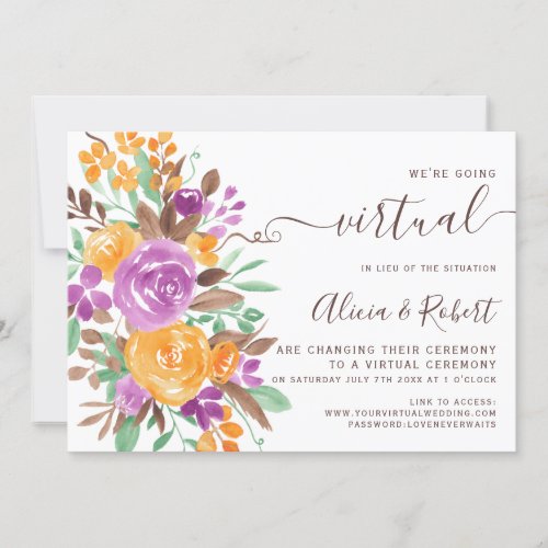 Fall autumn purple orange floral virtual wedding invitation