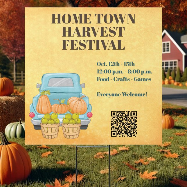 Fall Autumn QR Code Harvest Sign (Charming fall harvest sign with vintage truck & pumpkins + QR code—perfect for any autumn event!)
