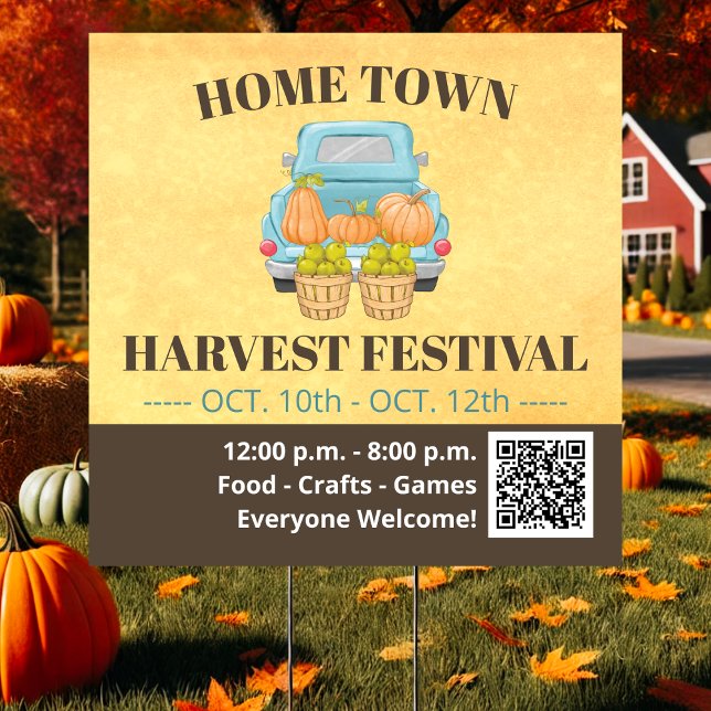 Fall Autumn QR Code Harvest Sign (Rustic fall yard sign with vintage truck, pumpkins & QR code—perfect for festivals & events!)