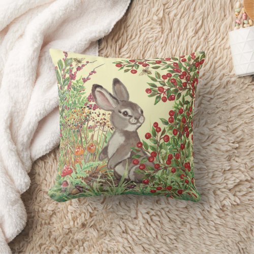 Fall Autumn Rabbit Bunny Leaves Berries Bee Yellow Throw Pillow