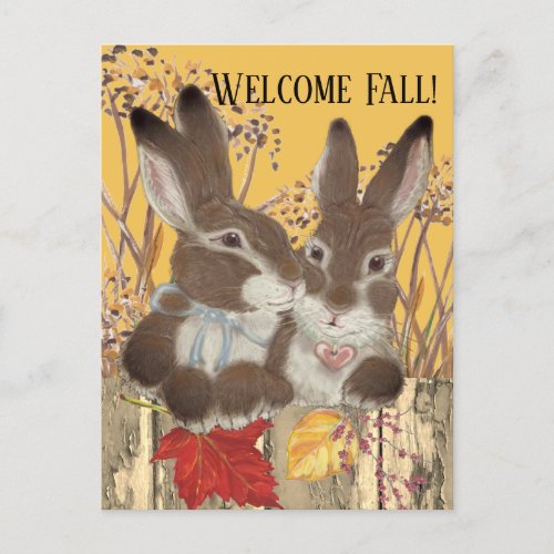 Fall Autumn Rabbit Bunny Leaves Whimsical Painting Holiday Postcard