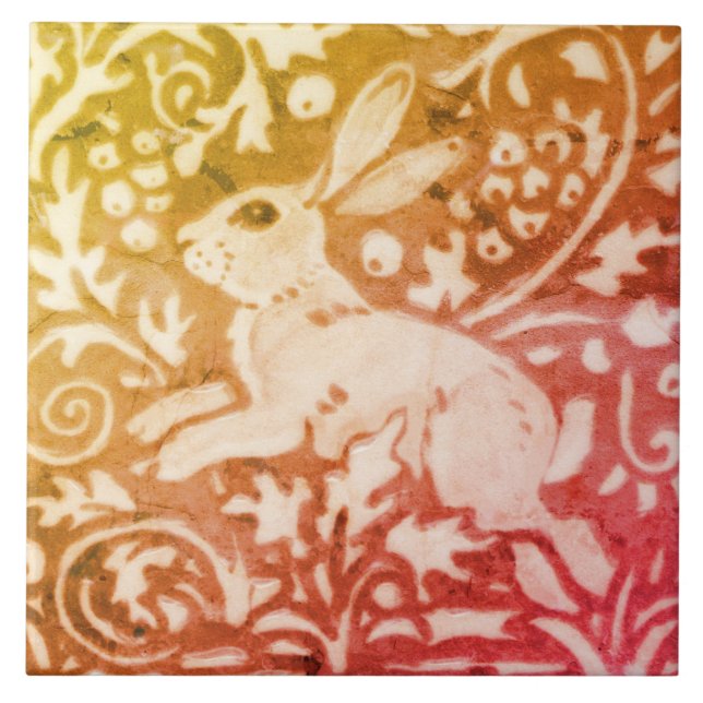 Fall Autumn Rabbit Gold Copper Coral Woodland Leaf Ceramic Tile (Front)