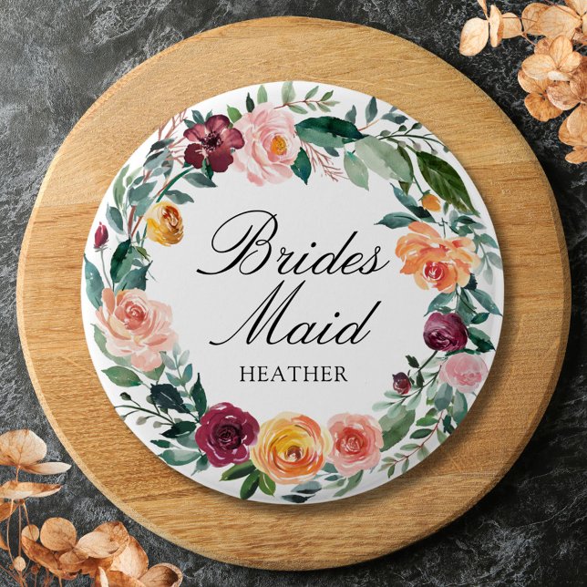Fall Autumn Rose Flower Floral Wreath Bridesmaid Button (Close up)