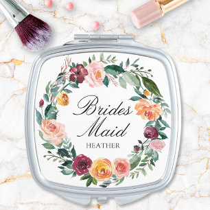 Fall Autumn Rose Flower Floral Wreath Bridesmaid Compact Mirror