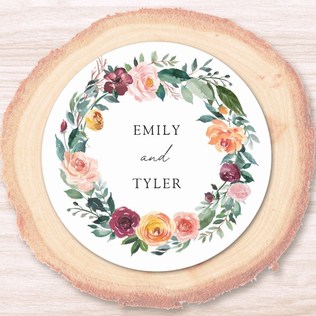 Fall Autumn Rose Flower Floral Wreath Wedding Classic Round Sticker (In situ)