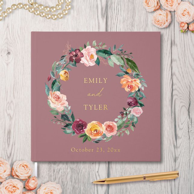 Fall Autumn Rose Flower Floral Wreath Wedding Foil Guest Book (In situ)