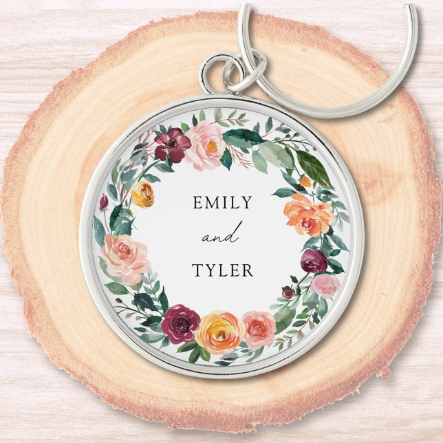 Fall Autumn Rose Flower Floral Wreath Wedding Keychain (In situ)