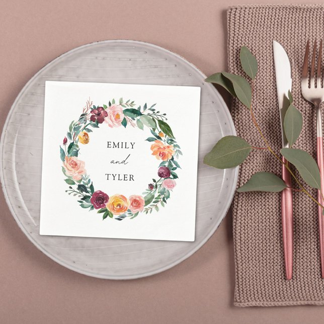 Fall Autumn Rose Flower Floral Wreath Wedding Napkins (In situ)