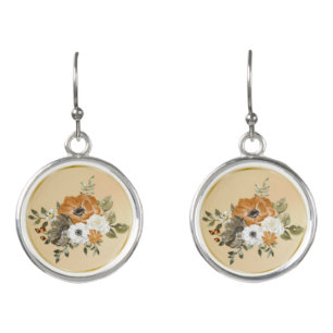 Fall Autumn Rust White Flowers Earrings
