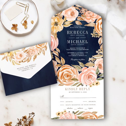 Fall Autumn Rustic Earthy Floral Navy Blue Wedding All In One Invitation