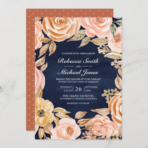 Fall Autumn Rustic Earthy Floral Navy Blue Wedding Invitation