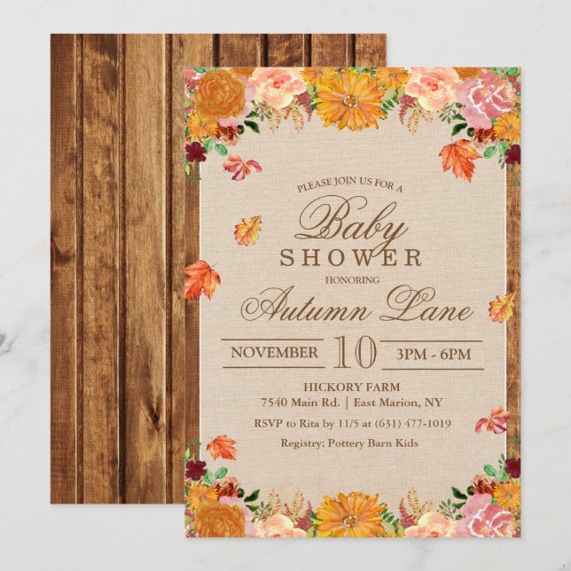 Fall Autumn Rustic Floral Baby Shower Invitation (Front/Back)