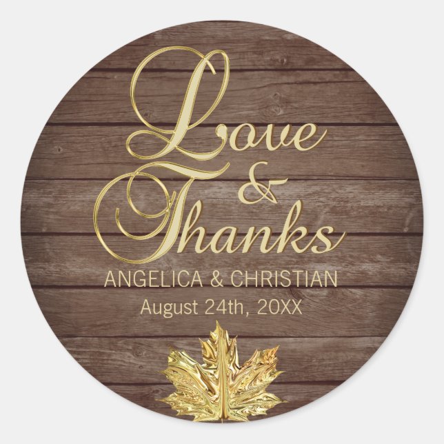 Fall Autumn Rustic Gold LOVE & THANKS Wedding Classic Round Sticker (Front)