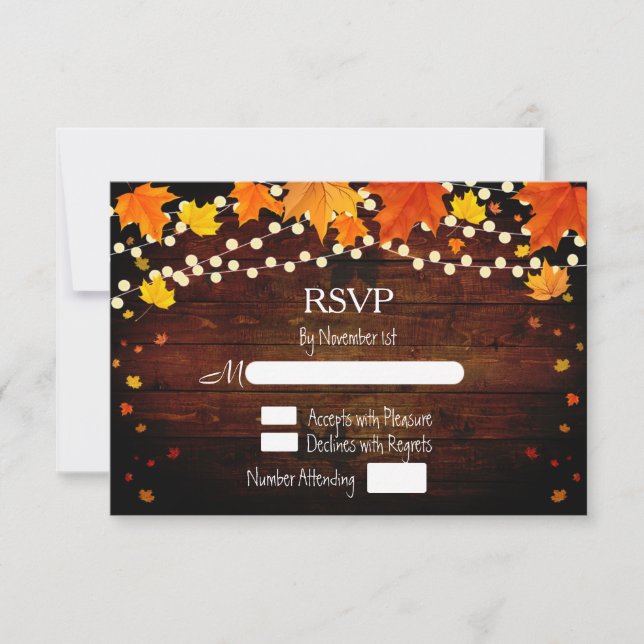 Fall Autumn Rustic String Lights & Leaves RSVP (Front)