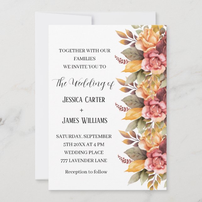 Fall Autumn Rustic Watercolor Floral Wedding Invitation (Front)