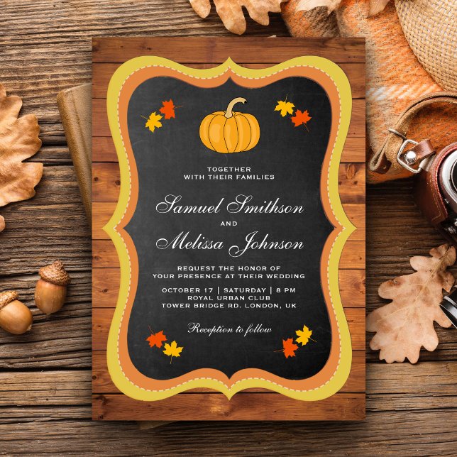 Fall Autumn Rustic Wood Chalkboard Pumpkin Wedding Invitation (Creator Uploaded)