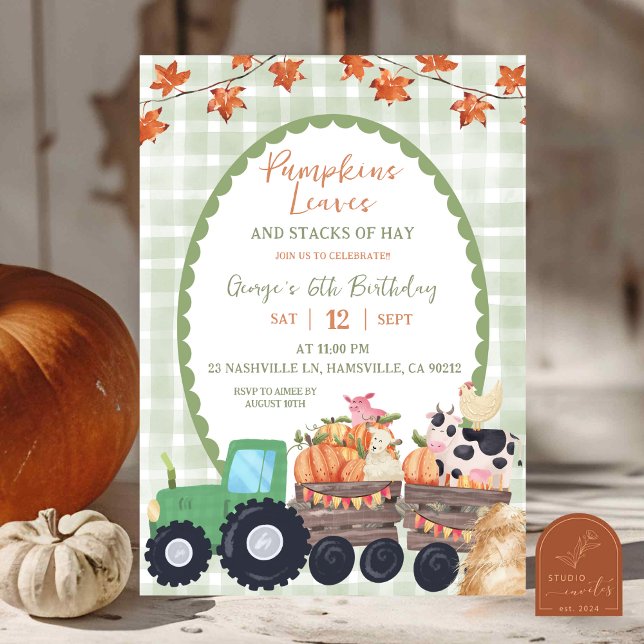 Fall Autumn Sage Green Farm Animal Birthday Invitation (Creator Uploaded)