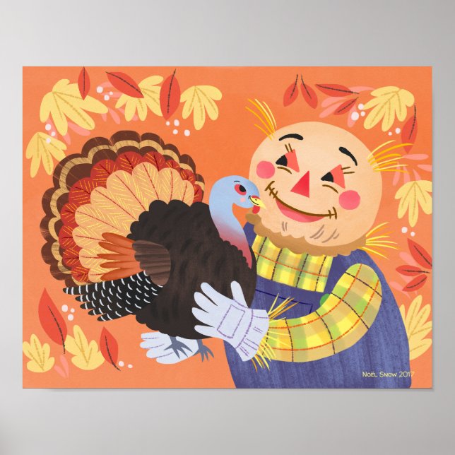 Fall Autumn Scarecrow and Turkey Art Print (Front)