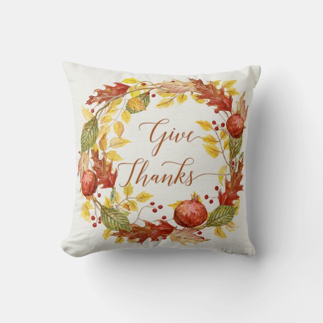 Fall Autumn Season Pomegranate Leaves Give Thanks Throw Pillow (Front)
