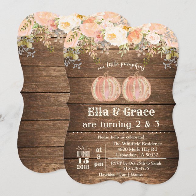 Fall Autumn Sibling Dual Twin Birthday Invitation (Front/Back)