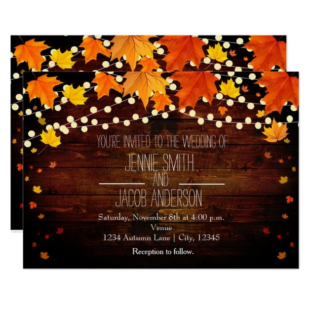 Fall Autumn String Lights Wood Wedding Invitation