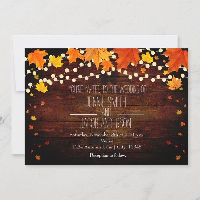Fall Autumn String Lights Wood Wedding Invitation (Front)