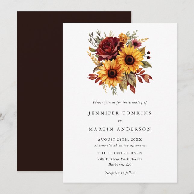 Fall Autumn Sunflower Red Rose Floral Wedding Invitation (Front/Back)