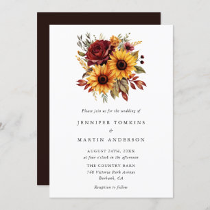 Fall Autumn Sunflower Red Rose Floral Wedding Invitation